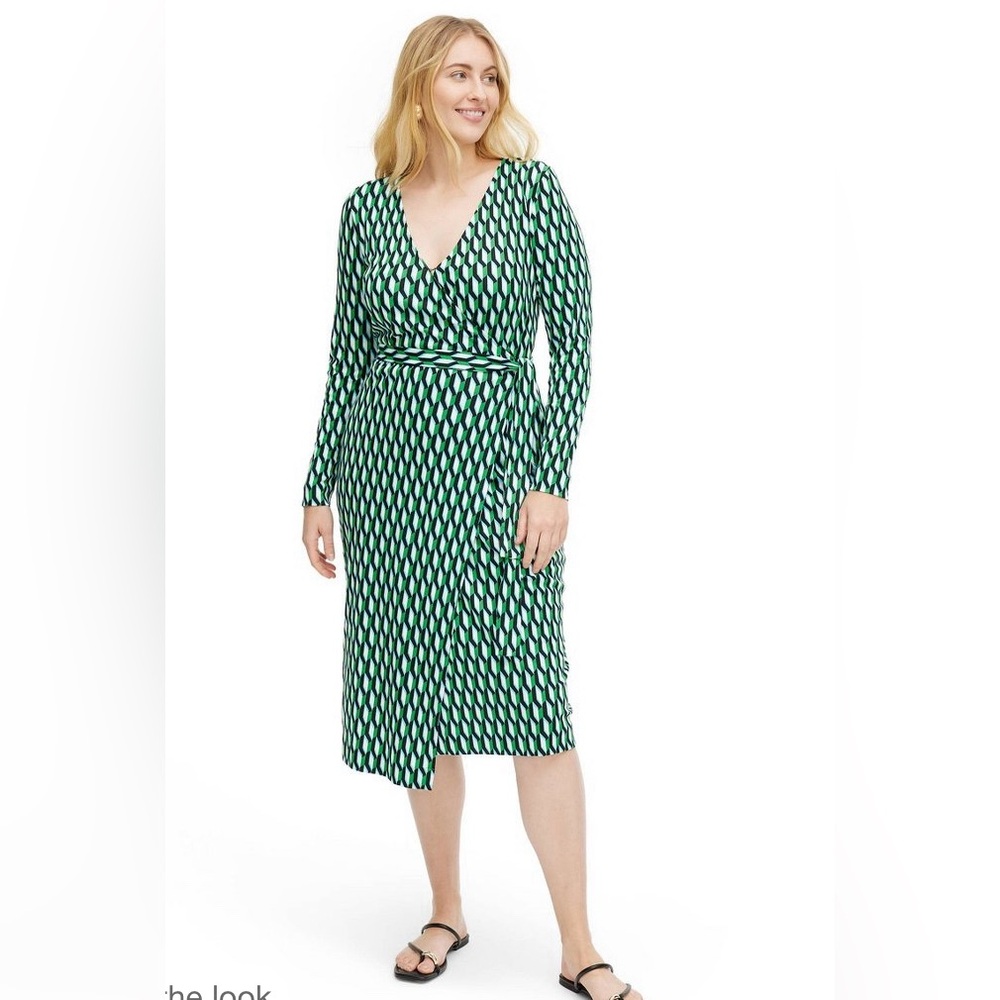 Long-Sleeve Midi Arrow Geo Green Wrap Dress S